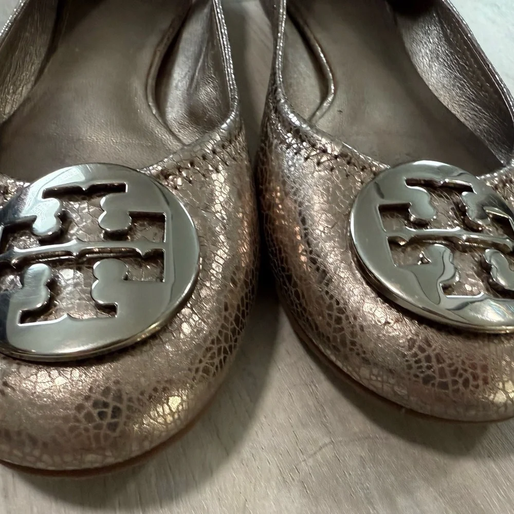 Tory Burch Metallic Bronze Embossed Leather Ballet Flats Women's Size 8M